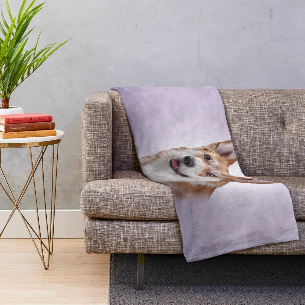Illustration of a happy Welsh Corgi dog on a plush blanket