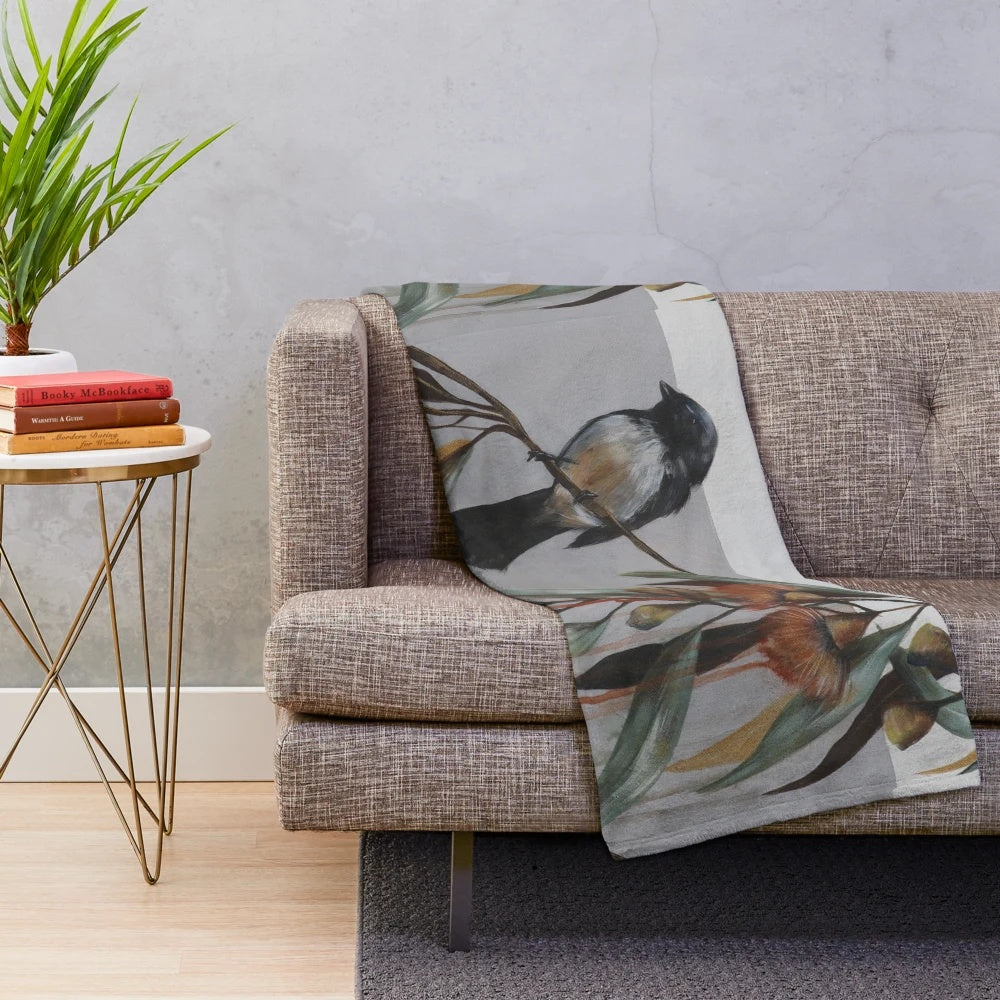 Willy Wagtail Plush Blanket with Gum Leaves and Wattle Accents