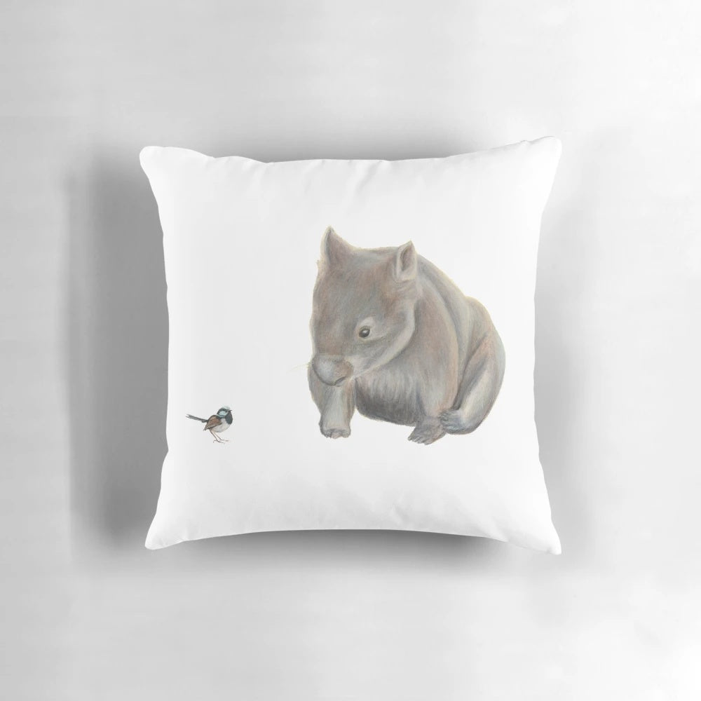 Illustration of a cute wombat and beautiful blue fairy wren, representing the wildlife of Australia.