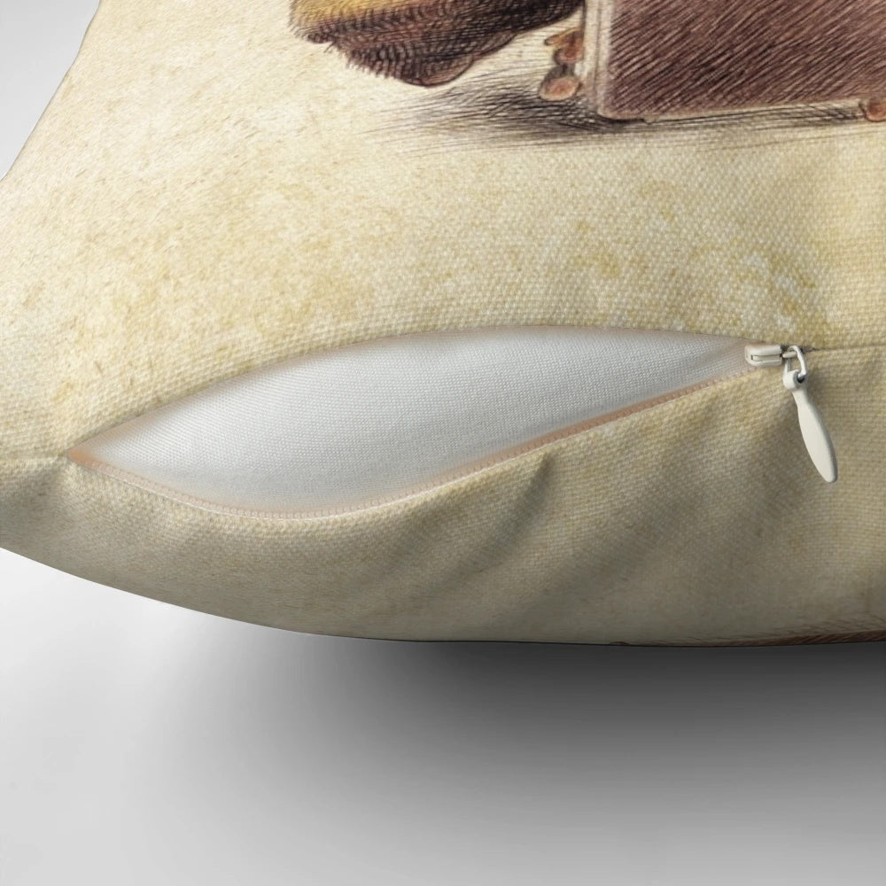 A decorative pillow featuring a worker bee dressed in business attire with a briefcase.