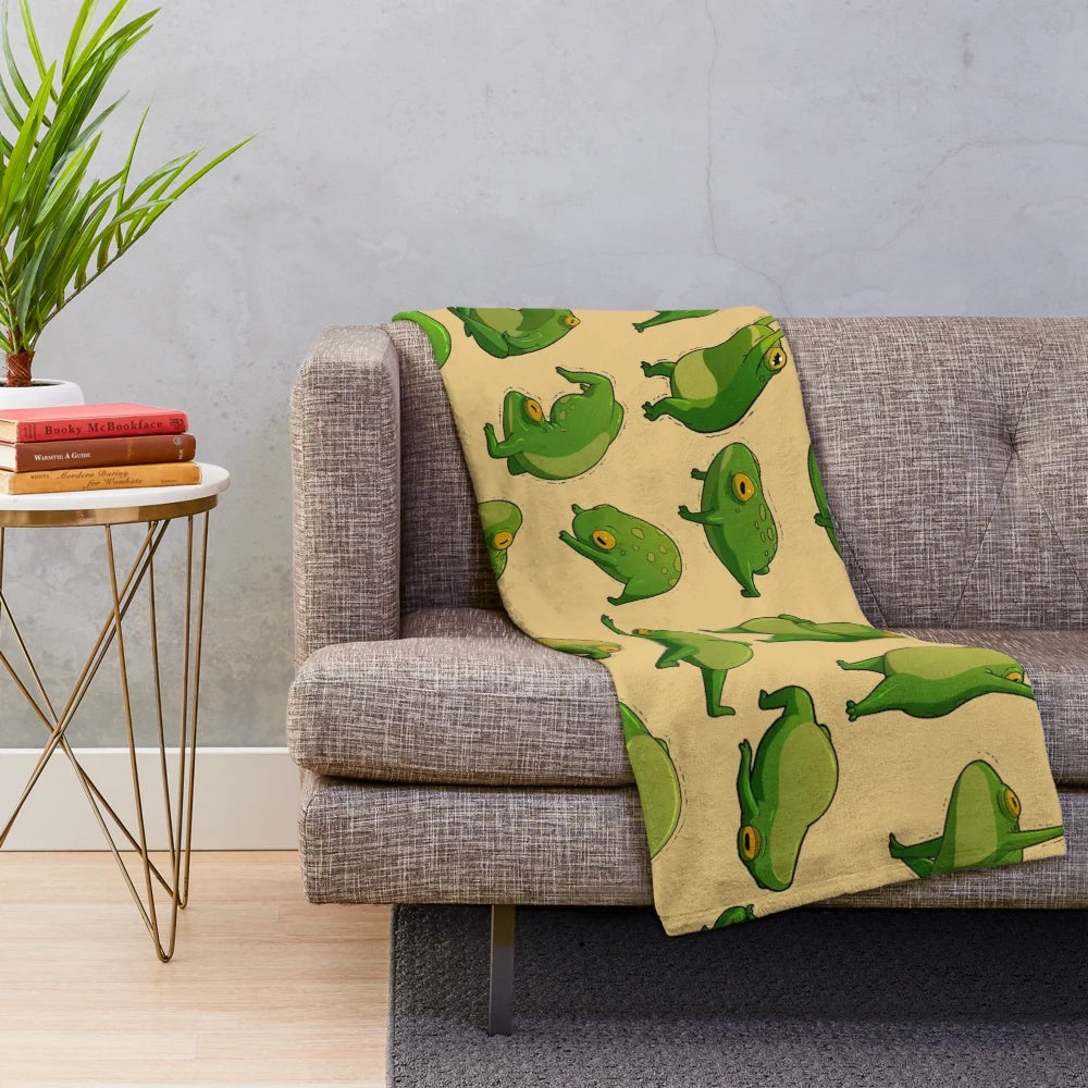 Yoga Frogs Plush Blanket featuring adorable frog illustrations in a whimsical cottagecore design