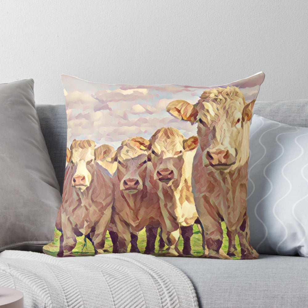 A soft, plush pillow featuring a charming illustration of Charolais cattle on a ranch