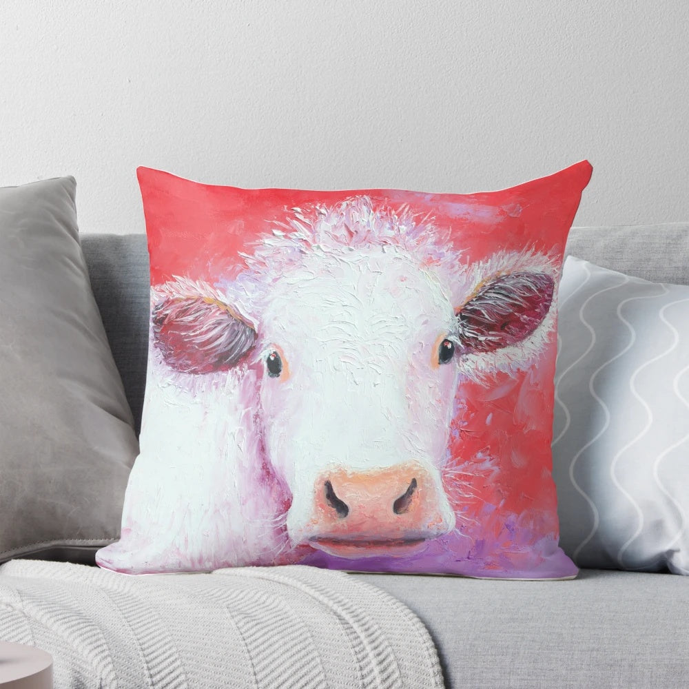 White Charolais cow painting on a red background, featured on a decorative throw pillow for the kitchen, living room, or bedroom.