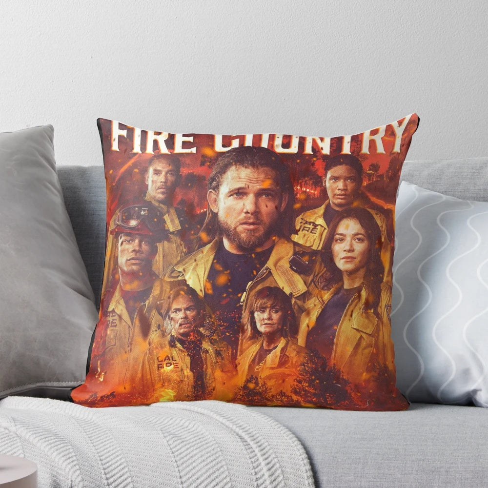 Fiery, scorched pillow with characters from the TV show Fire Country