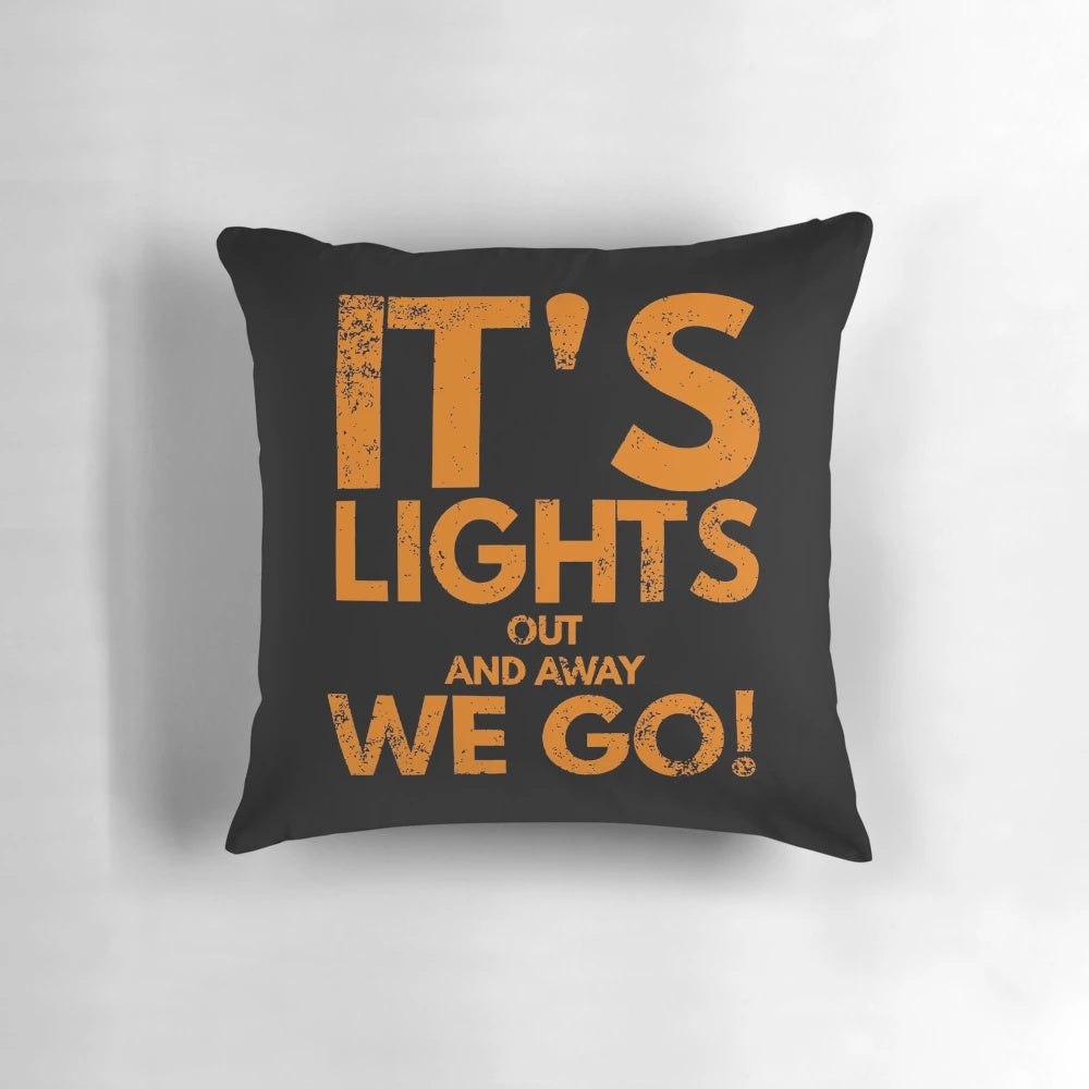 "Checkered flag themed Formula 1 racing pillow with the phrase 'Lights Out and Away We Go'"
