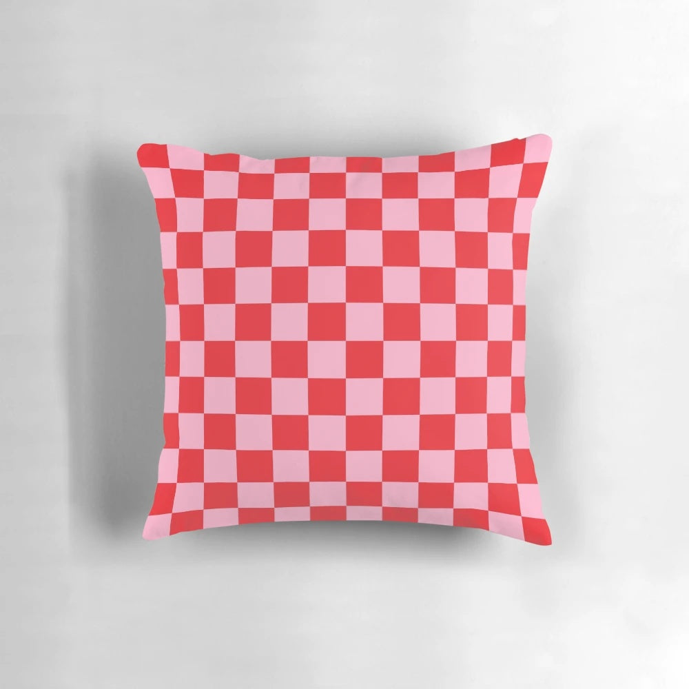 Vibrant checkered pattern pink and red square throw pillow