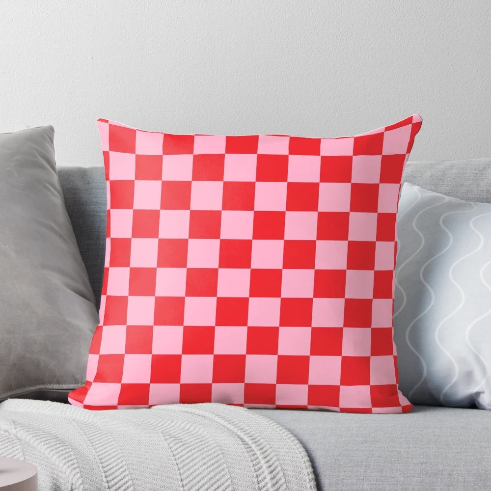 Vibrant checkered pattern pink and red square throw pillow