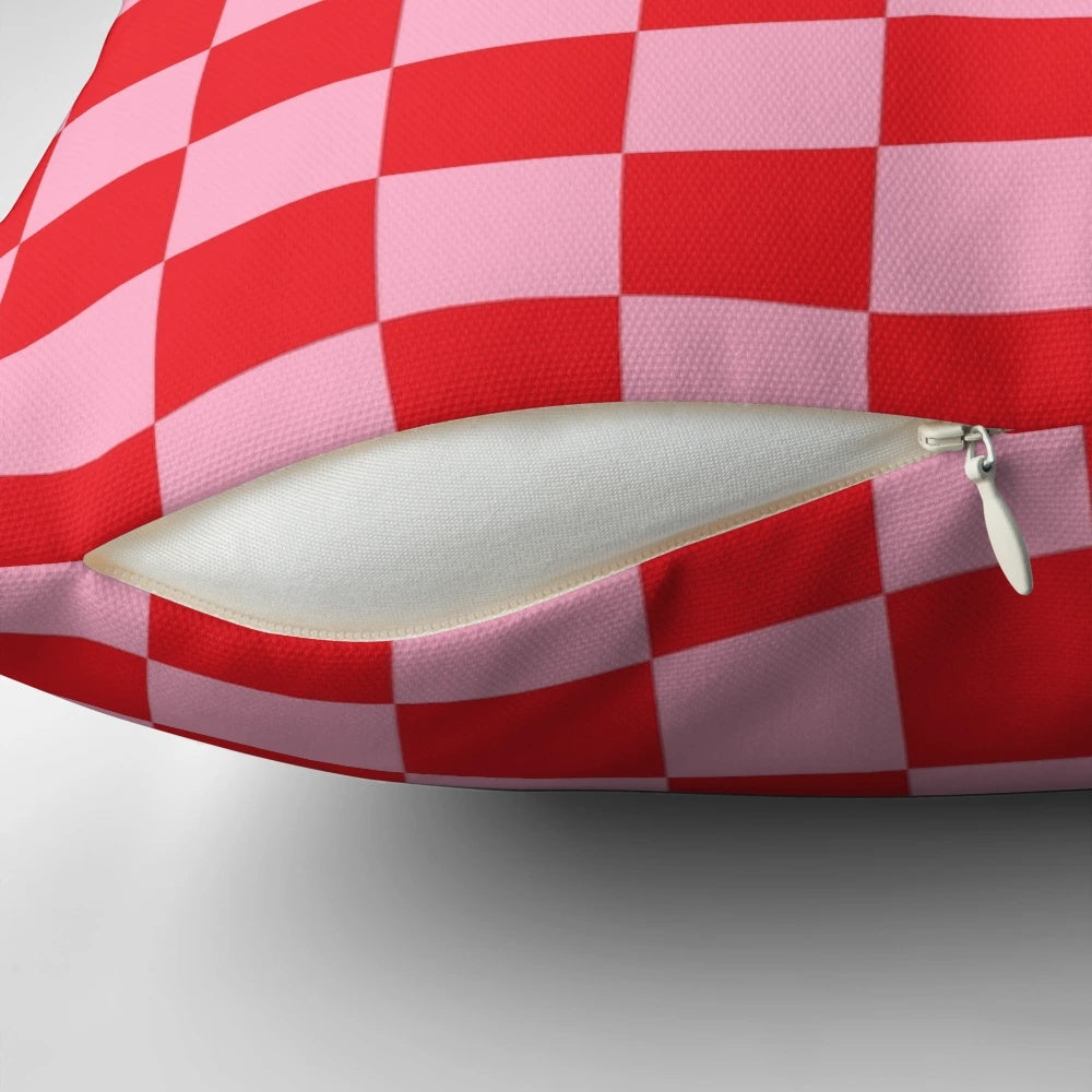 Vibrant checkered pattern pink and red square throw pillow