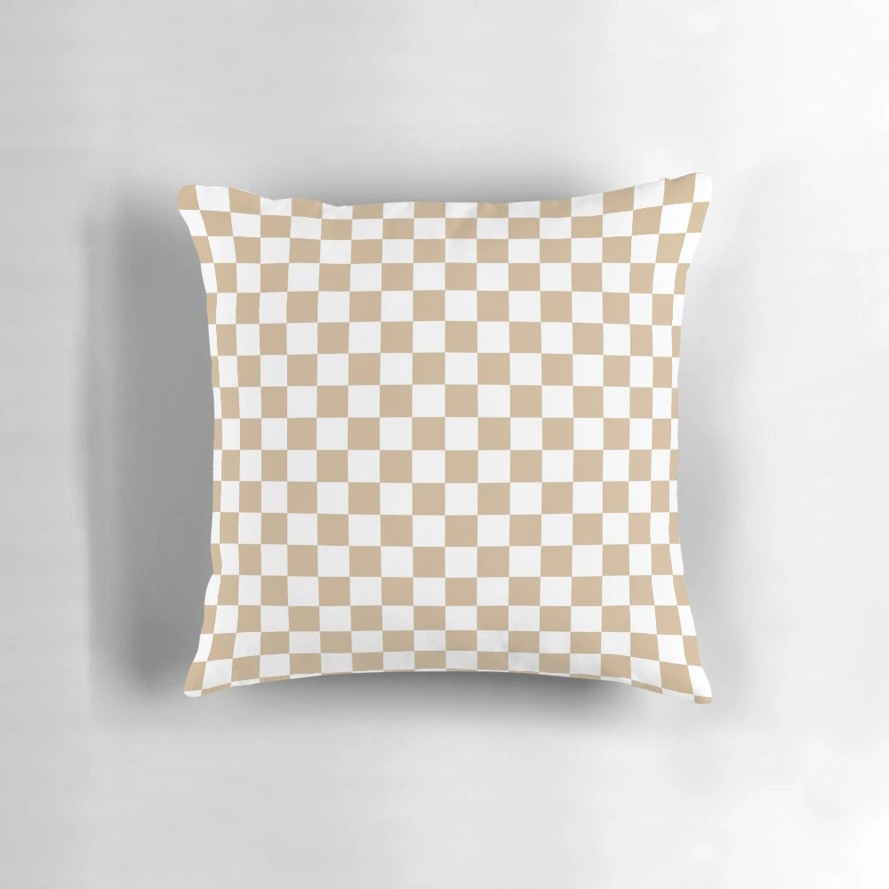 Tan Brown and White Checkered Decorative Pillow