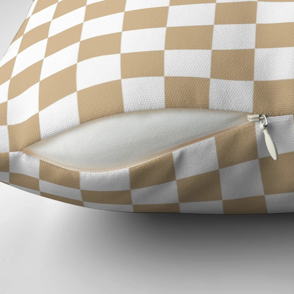 Tan Brown and White Checkered Decorative Pillow