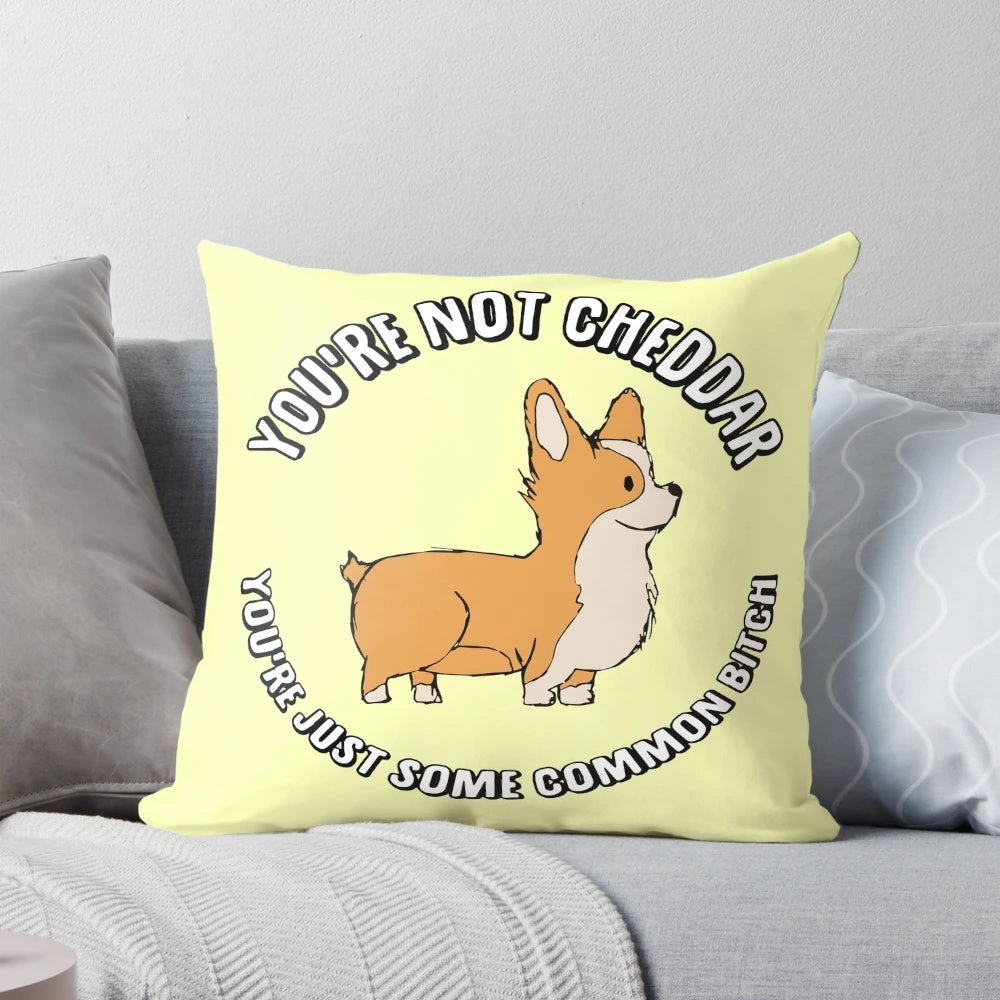 Cheddar-colored throw pillow featuring a cute corgi design, perfect for dog lovers and home decor.