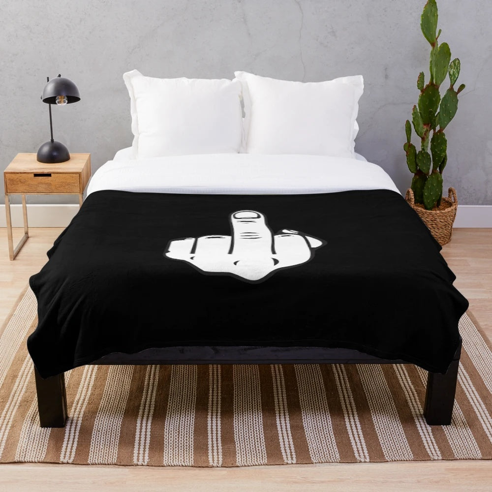Plush blanket with a bold "Fuck You" graphic and middle finger design