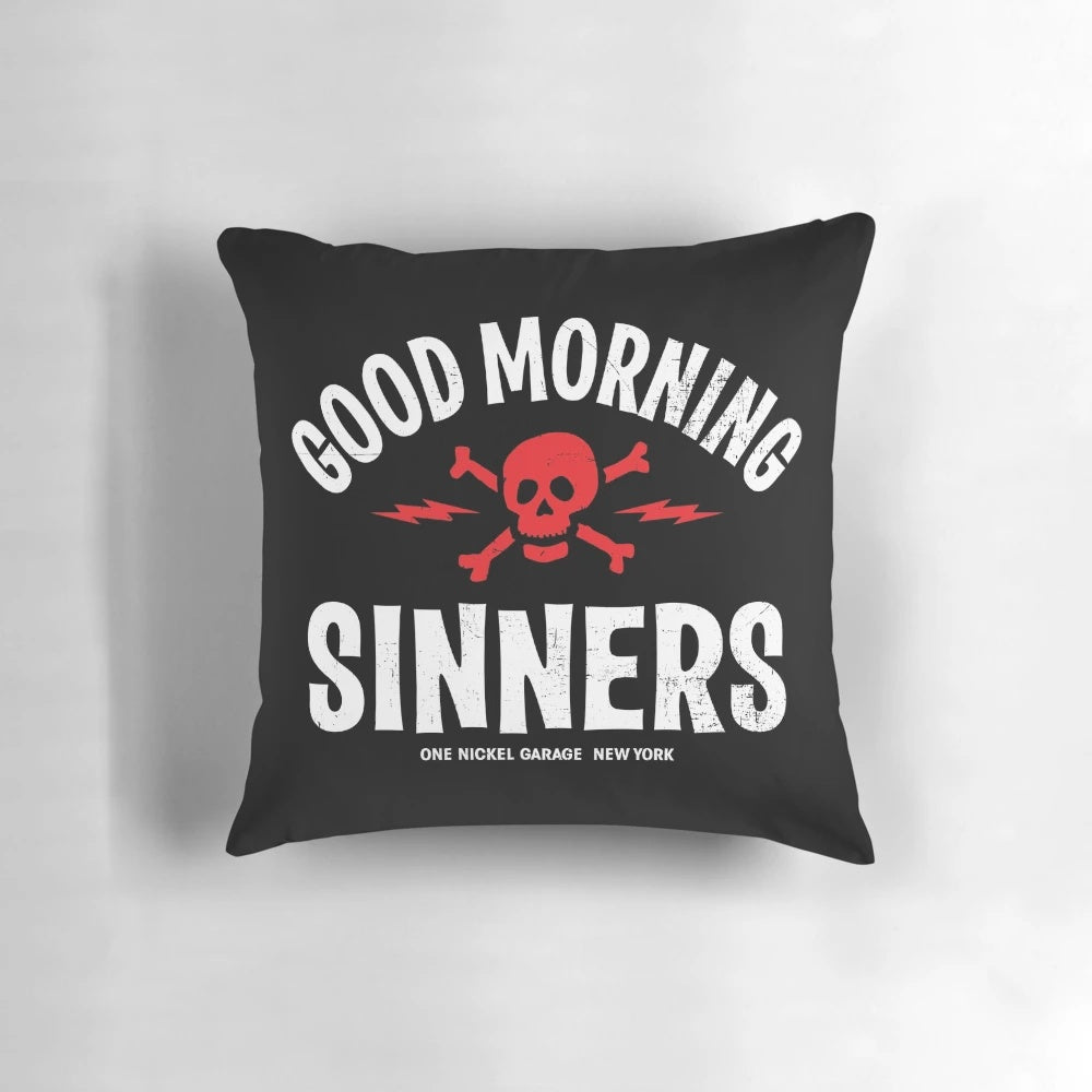 Decorative "Good Morning Sinners" pillow with a playful, cheeky design