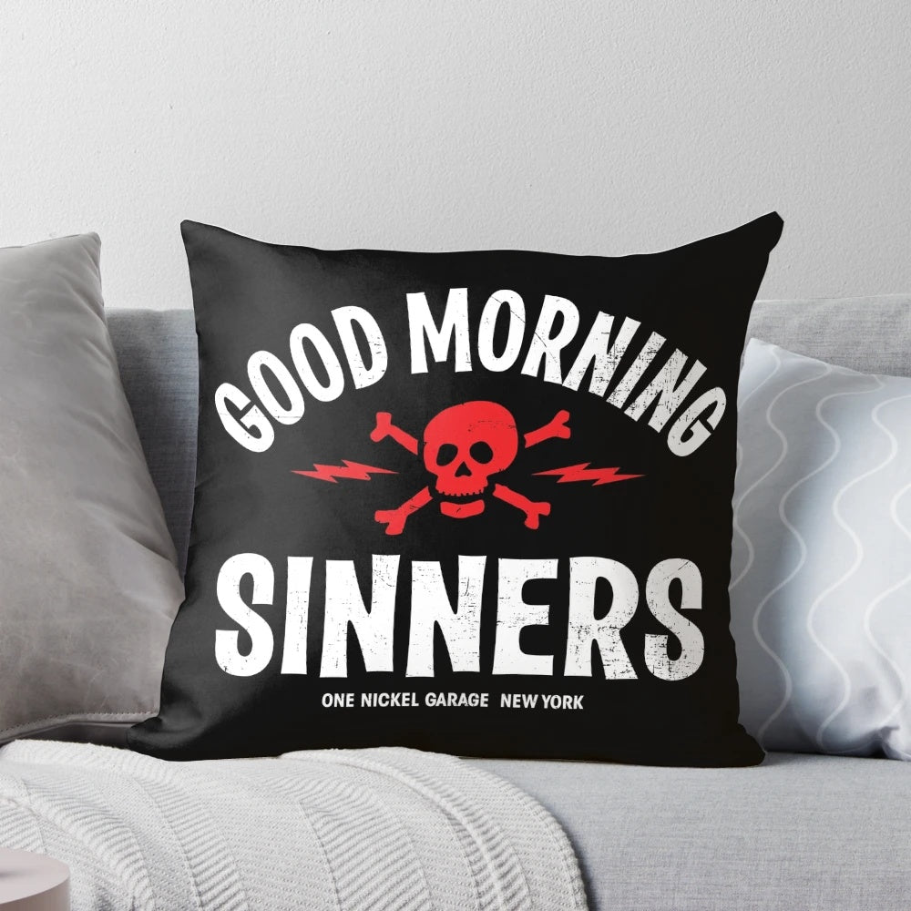 Decorative "Good Morning Sinners" pillow with a playful, cheeky design