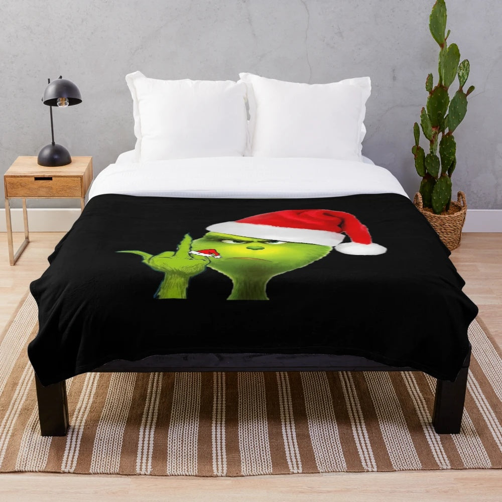 Grinch plush blanket with a middle finger design