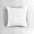 An artistic black and white line drawing of a hand with the middle finger raised on a white throw pillow