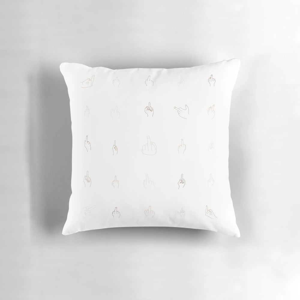 An artistic black and white line drawing of a hand with the middle finger raised on a white throw pillow