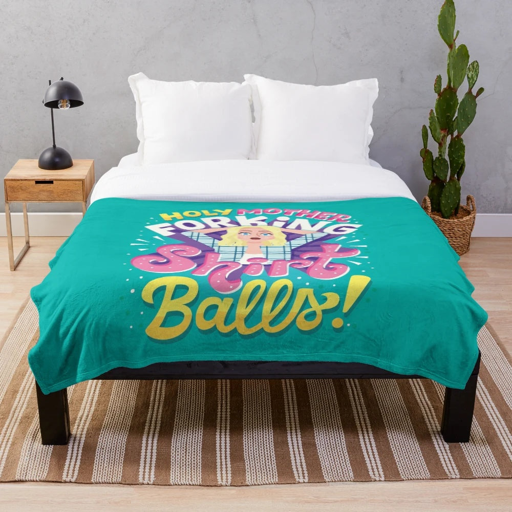 Plush blanket with cheeky typography and sitcom-inspired graphic design