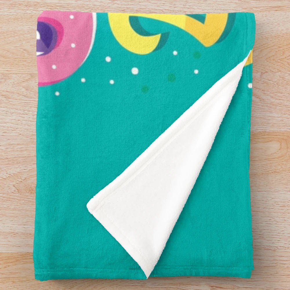 Plush blanket with cheeky typography and sitcom-inspired graphic design