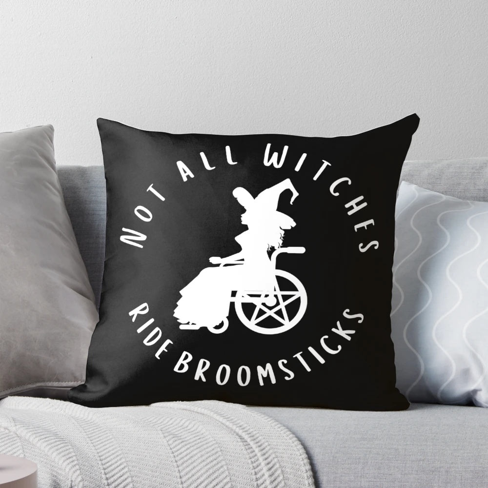 Cheeky Witch® Wheelchair Accessible Pillow featuring a witch on a wheelchair with a pentacle design
