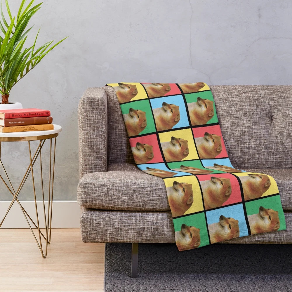 Cheems inspired plush blanket with doge meme design in vaporwave aesthetic