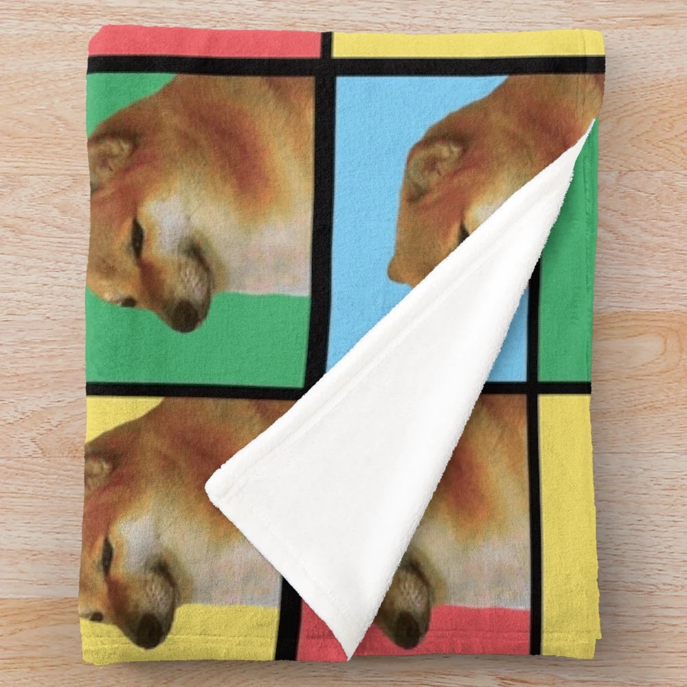 Cheems inspired plush blanket with doge meme design in vaporwave aesthetic