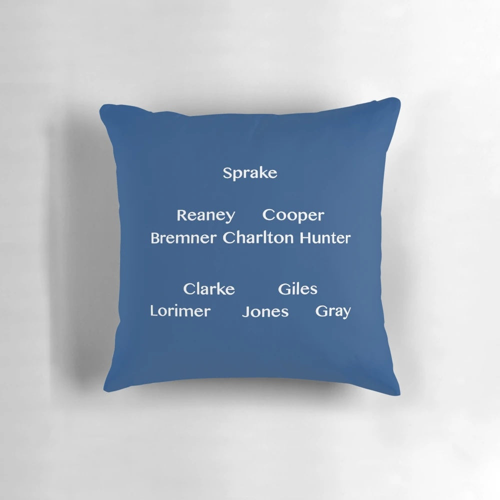 A team sheet-inspired pillow featuring the Leeds United crest and colors, perfect for football/soccer fans.