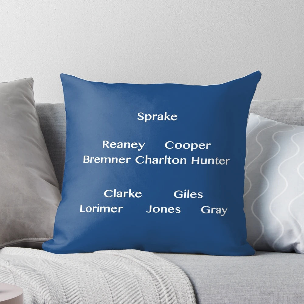 A team sheet-inspired pillow featuring the Leeds United crest and colors, perfect for football/soccer fans.