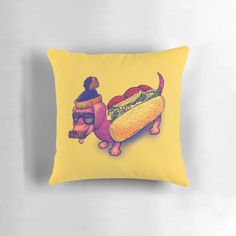 Chicago Dog Pillow featuring a hot dog with toppings, sunglasses, and a stocking cap