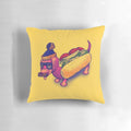 Chicago Dog Pillow featuring a hot dog with toppings, sunglasses, and a stocking cap