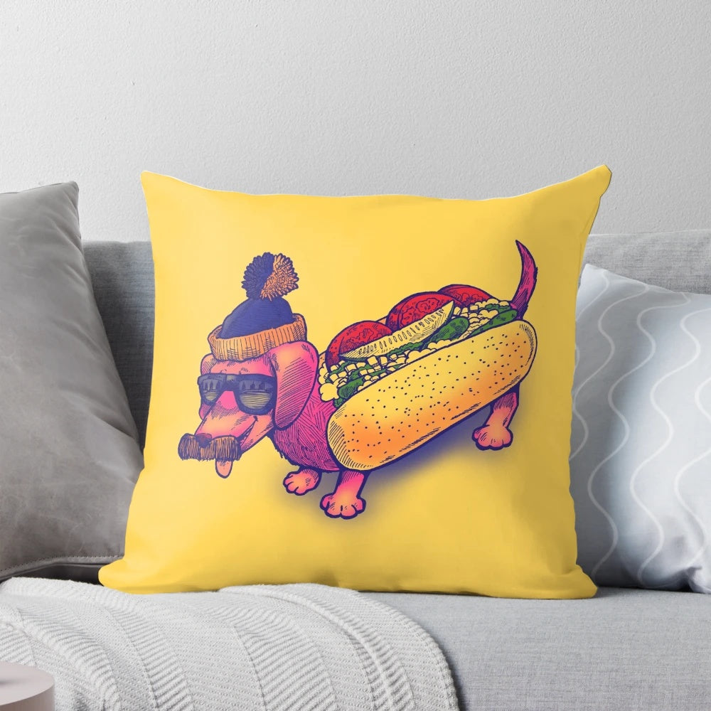 Chicago Dog Pillow featuring a hot dog with toppings, sunglasses, and a stocking cap