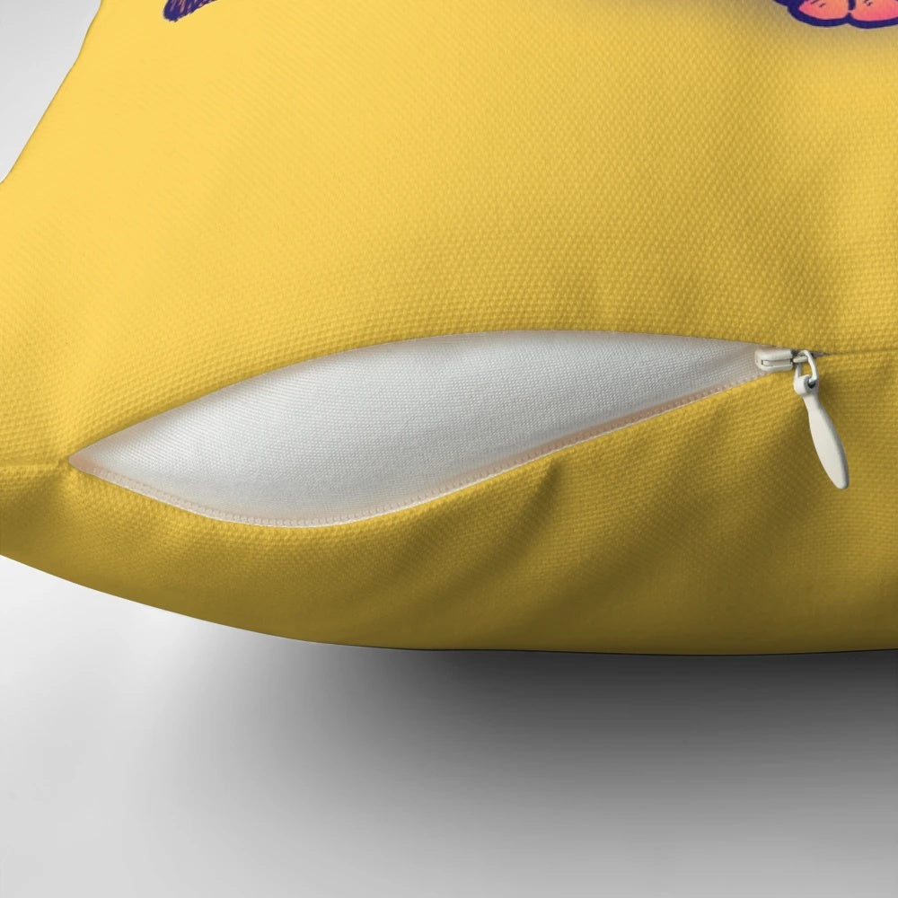 Chicago Dog Pillow featuring a hot dog with toppings, sunglasses, and a stocking cap