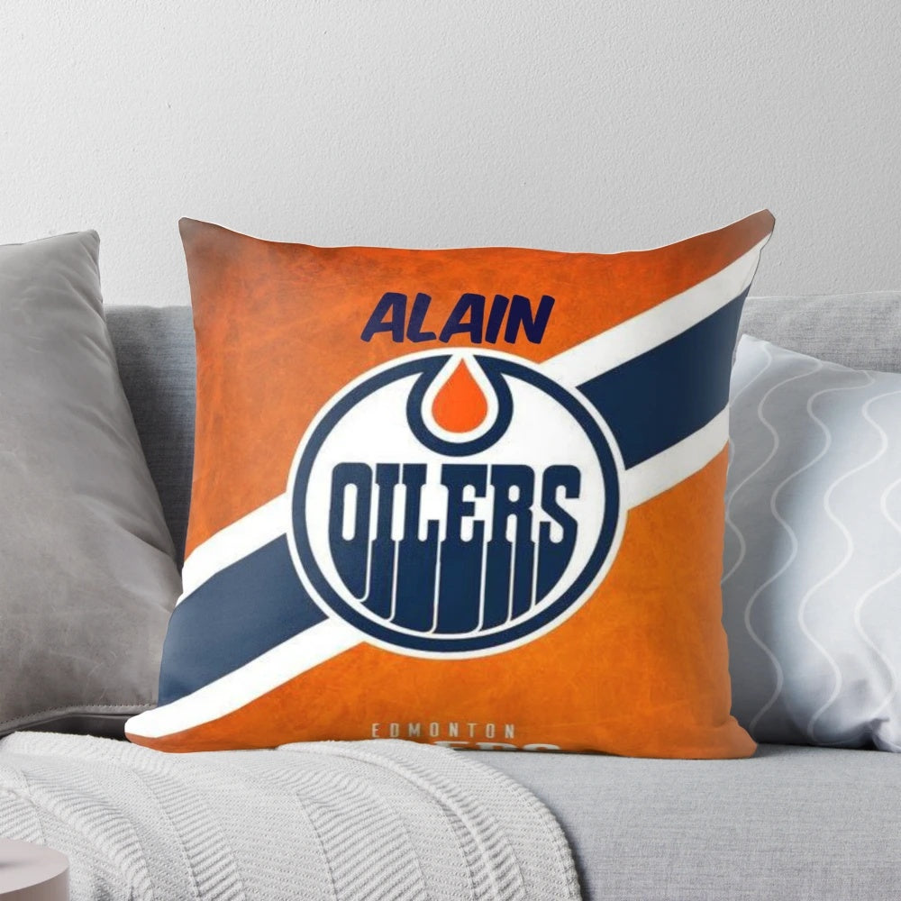 An image of the Oilers Hockey Team Pillow, featuring the team's logo and colors.
