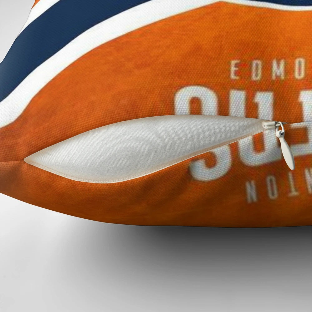 An image of the Oilers Hockey Team Pillow, featuring the team's logo and colors.