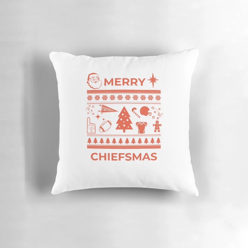 Merry Chiefsmas Pillow featuring the Kansas City Chiefs logo and holiday design