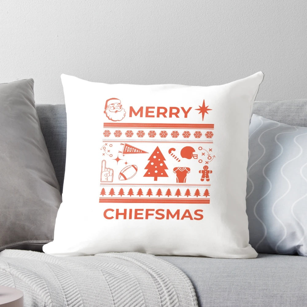 Merry Chiefsmas Pillow featuring the Kansas City Chiefs logo and holiday design