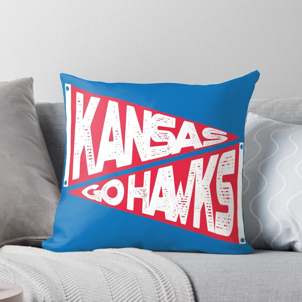 KANSAS GO HAWKS Pillow, featuring the Kansas Jayhawks logo and colors