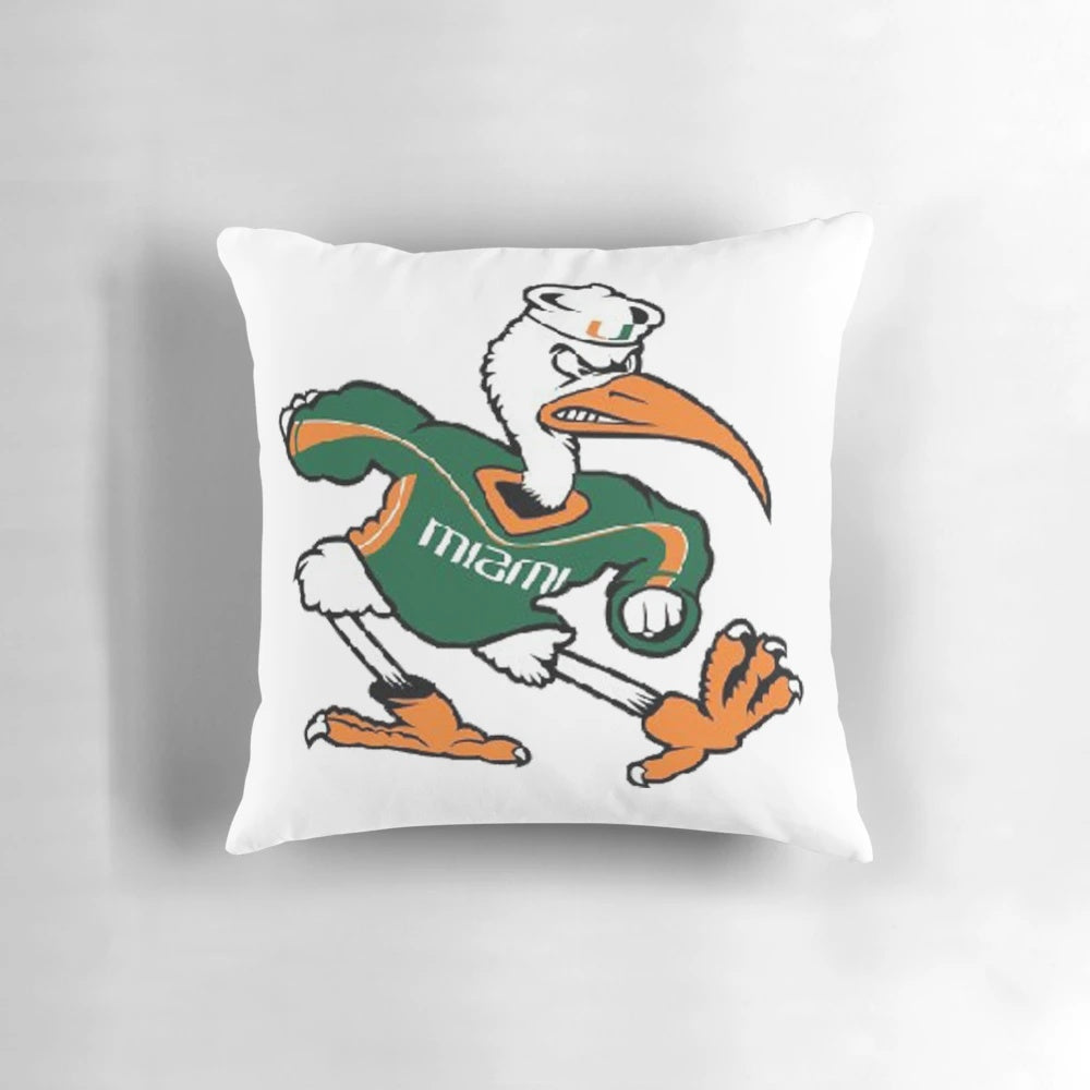 Miami Hurricanes themed pillow featuring the team mascot, Sebastian the Ibis
