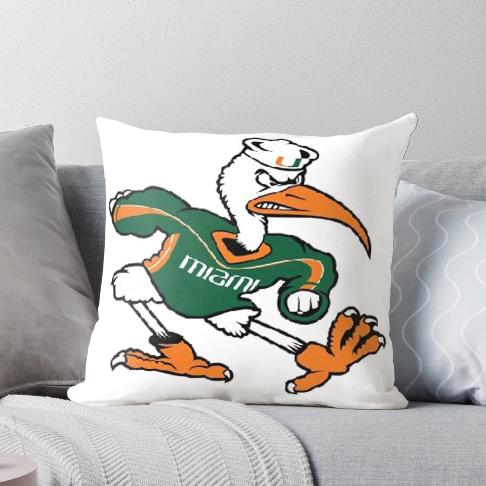 Miami Hurricanes themed pillow featuring the team mascot, Sebastian the Ibis