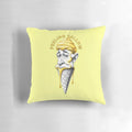 A soft, yellow pillow with a happy, expressive ice cream design