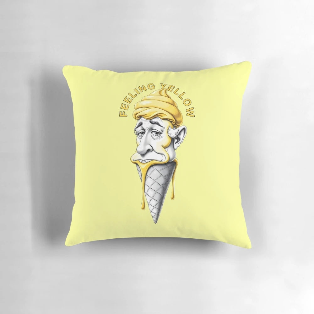 A soft, yellow pillow with a happy, expressive ice cream design
