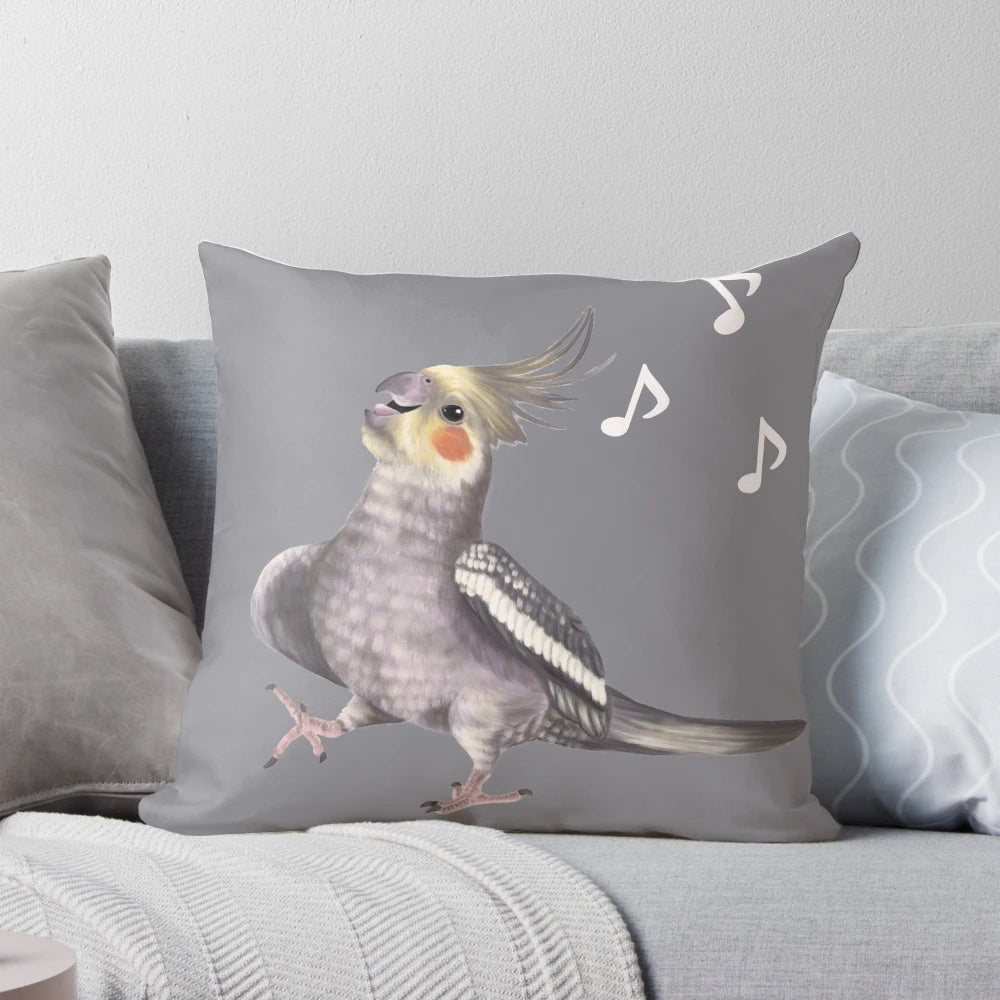 Colorful decorative pillow featuring a happy, singing cockatiel surrounded by musical notes.