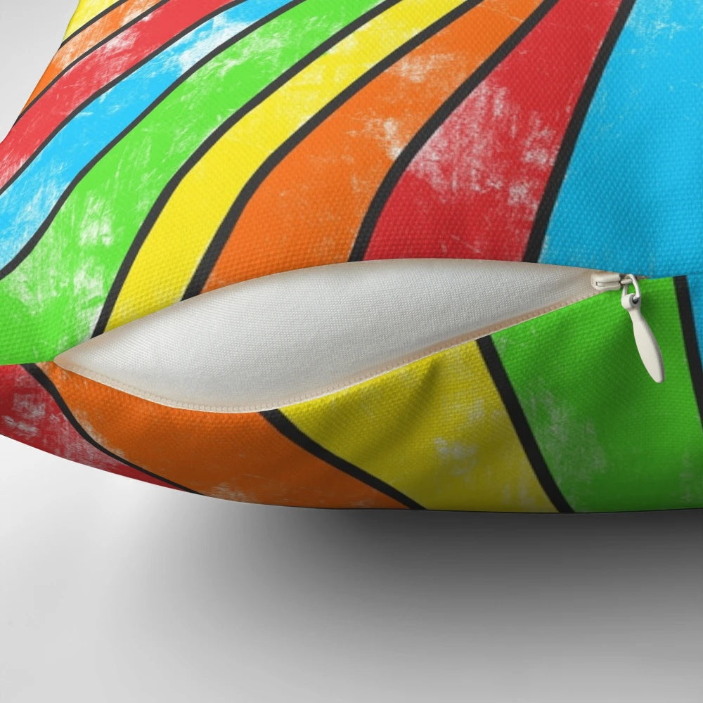 Colorful pillow with sun, rainbow, and positive quote design