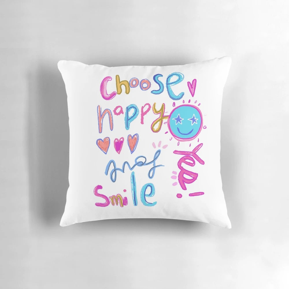 Vibrant preppy aesthetic smiley face throw pillow with a cheerful "Choose Happy" design.