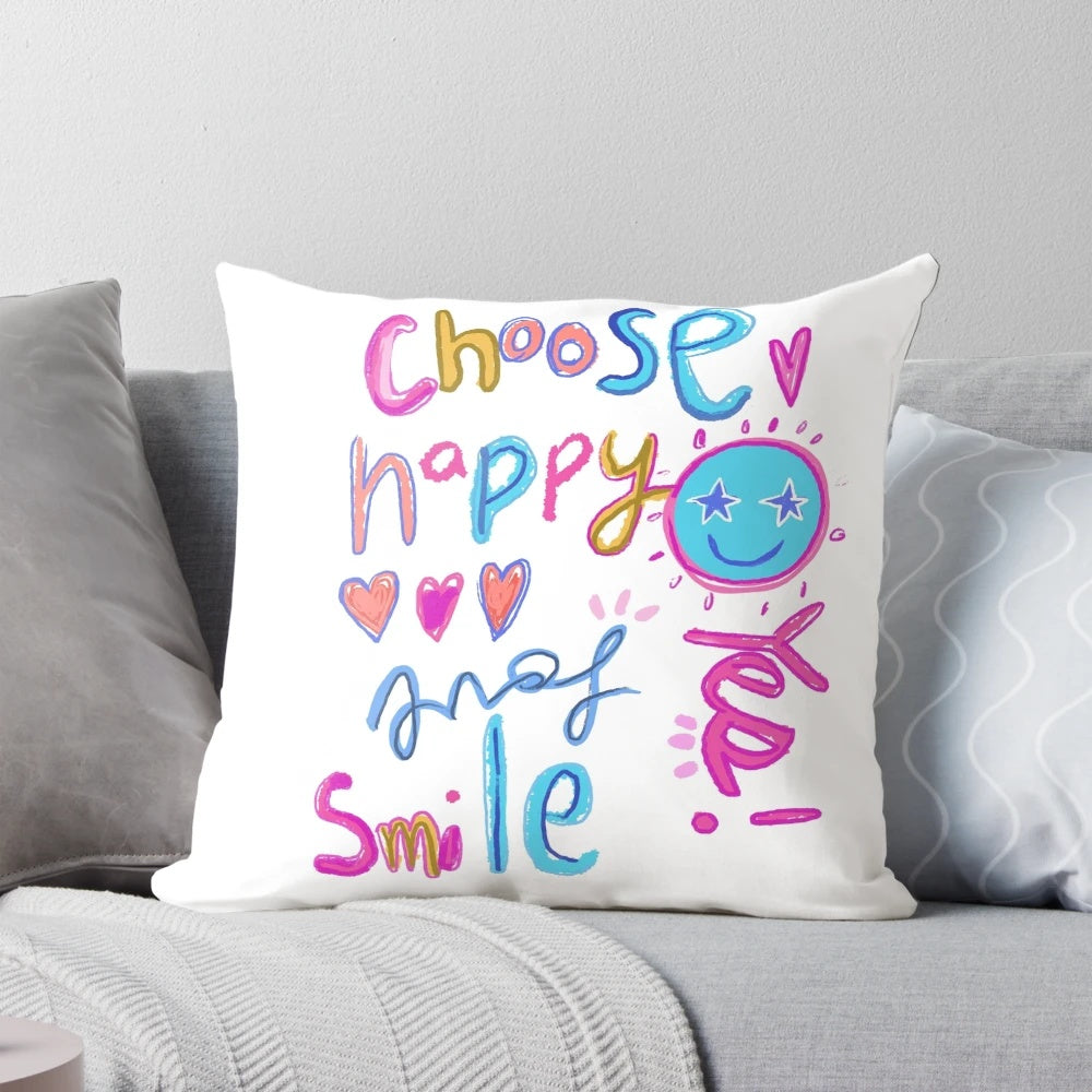 Vibrant preppy aesthetic smiley face throw pillow with a cheerful "Choose Happy" design.