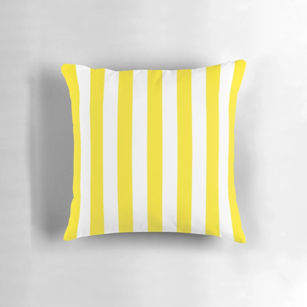 A vibrant yellow and white striped deckchair pattern pillow, perfect for adding a touch of cheerfulness and positivity to your home.