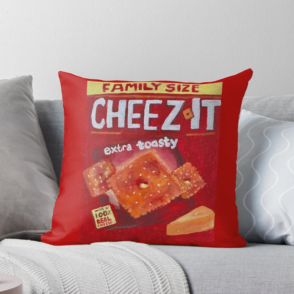 A plush, realistic-looking Cheeze-its pillow product
