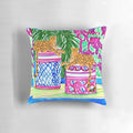 Decorative pillow featuring a watercolor painting of two cheetahs on chinoiserie jars