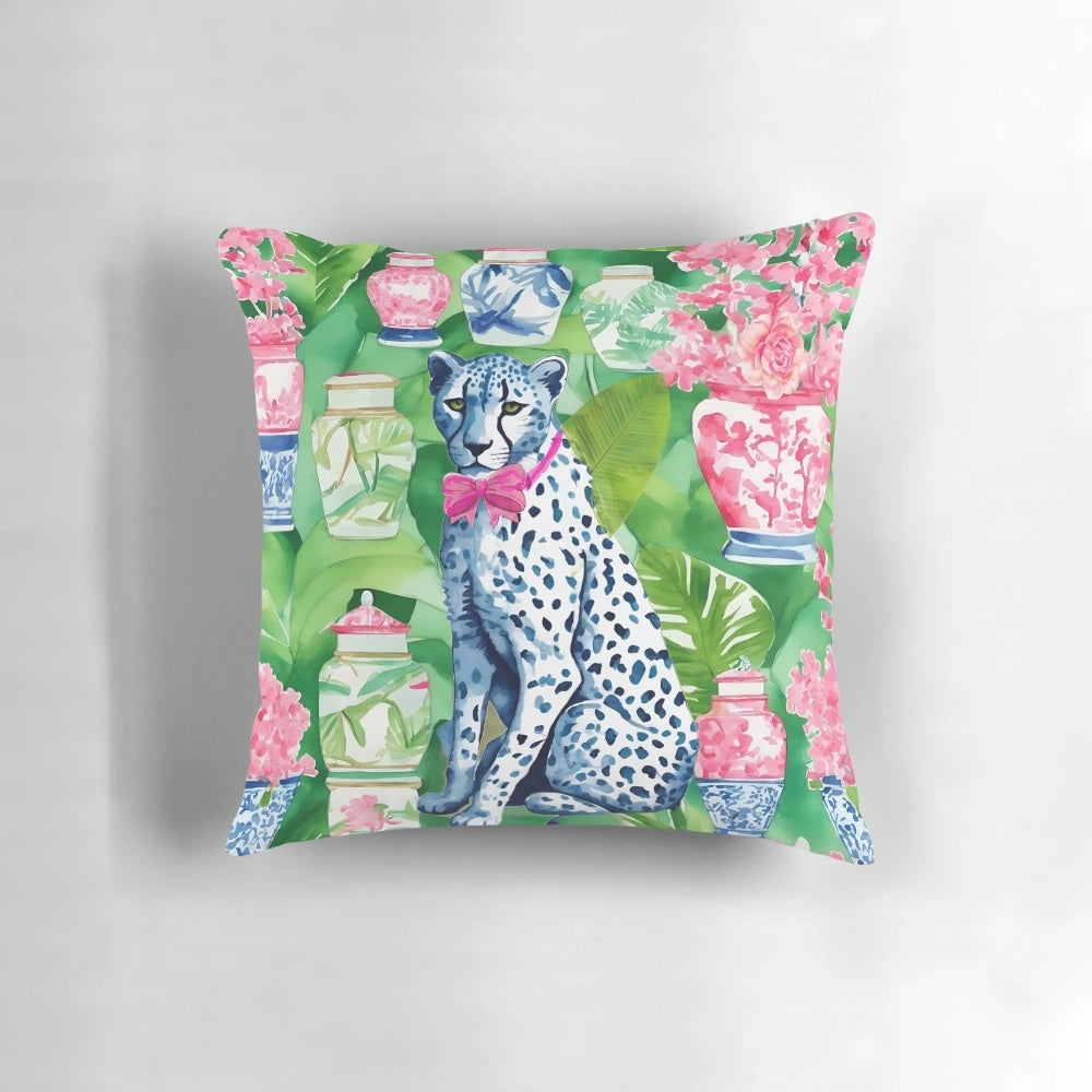 Cheetah print and chinoiserie jars accent pillow, featuring a vibrant design with banana leaves