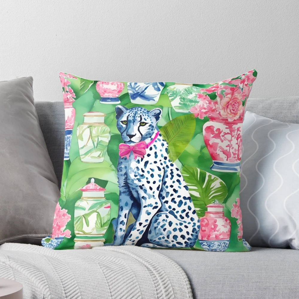 Cheetah print and chinoiserie jars accent pillow, featuring a vibrant design with banana leaves